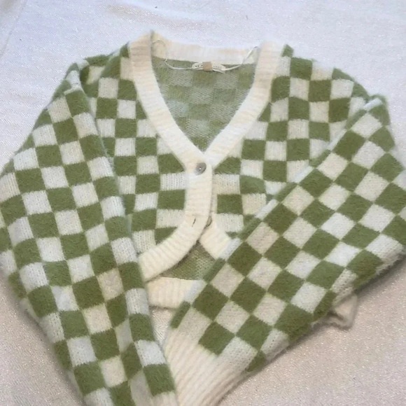 L.A. Hearts white/green checkered long sleeved short waisted two button sweater - Picture 1 of 7